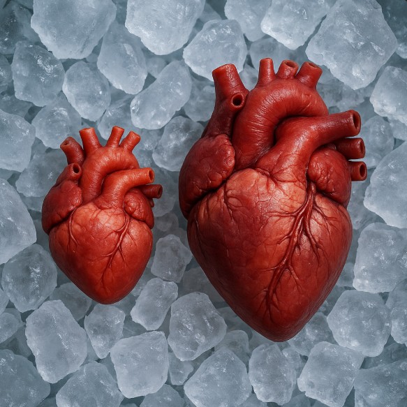 לב של ילד מול לב של מבוגר על מצע קרח